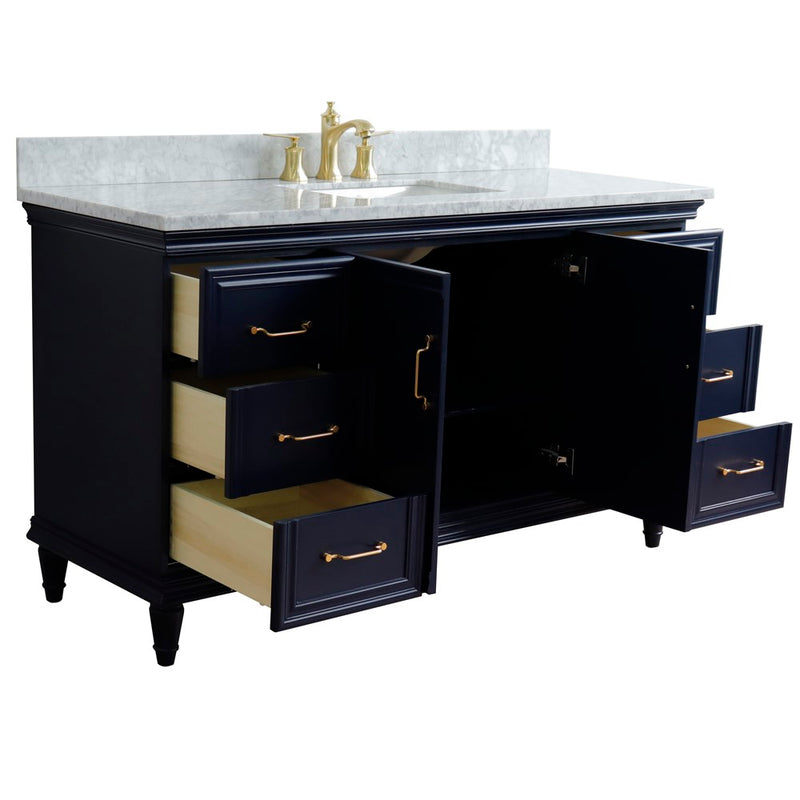 Bellaterra Home 400800-61S-BU-WMR Forli 61" vanity, Blue, White Carrara marble top, angled view with doors open showing the