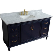 Bellaterra Home 400800-61S-BU-WMR Forli 61" vanity, Blue, White Carrara marble top, angled view on a white background