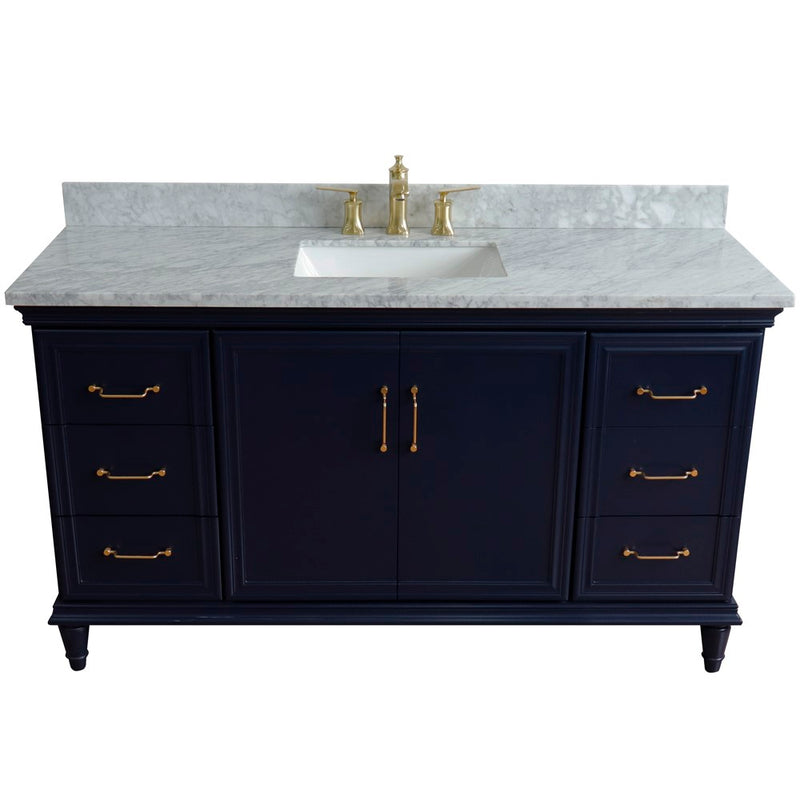 Bellaterra Home 400800-61S-BU-WMR Forli 61" vanity, Blue, White Carrara marble top, front view on a white background