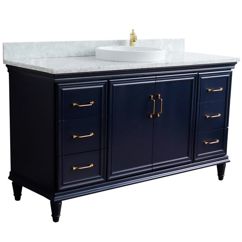 Bellaterra Home 400800-61S-BU-WMRD Forli 61" vanity, Blue, White Carrara marble top, angled view with doors closed