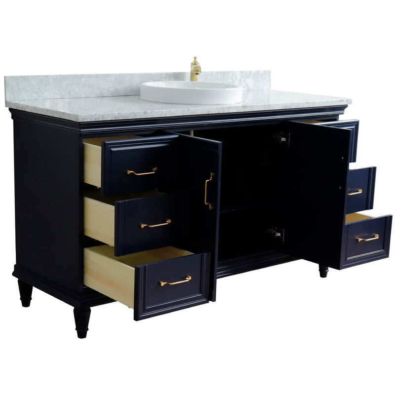 Bellaterra Home 400800-61S-BU-WMRD Forli 61" vanity, Blue, White Carrara marble top, angled view with doors open showing the