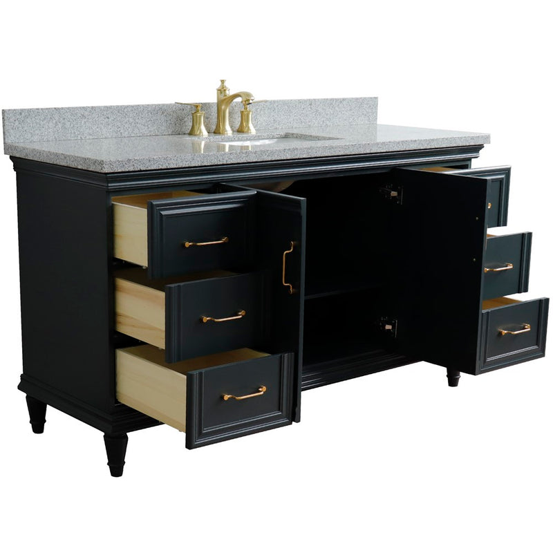 Bellaterra Home 400800-61S-DG-GYR Forli 61" vanity, Dark Gray, gray granite top, angled view with doors open showing the