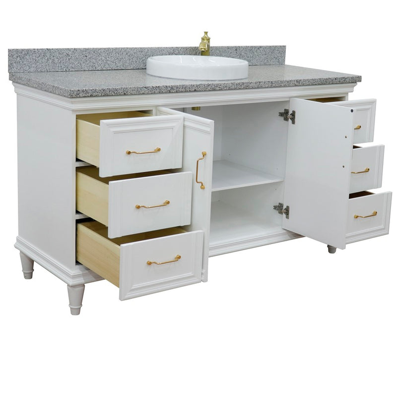 Bellaterra Home 400800-61S-WH-GYRD Forli 61" vanity, White, gray granite top, angled view with doors open showing the shelf