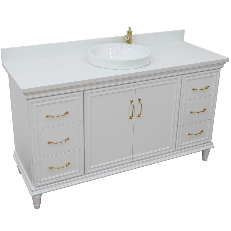 Bellaterra Home 400800-61S-WH-WERD Forli 61" vanity, White, white engineered stone top, angled view on a white background
