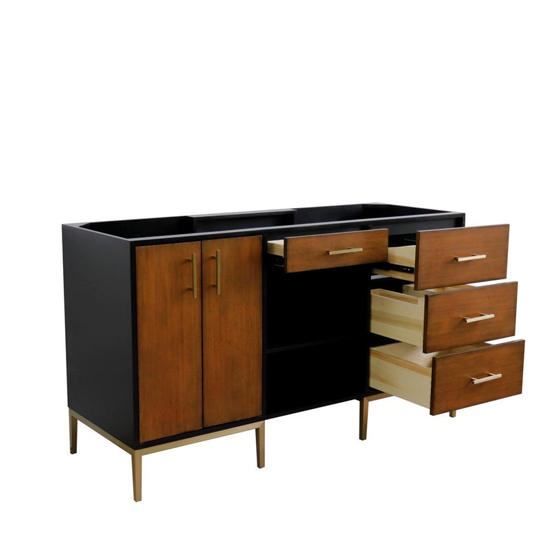 Bellaterra Home 400900-60D-WB Imola 60" vanity cabinet, Walnut and Black, angled view with doors open showing the shelf