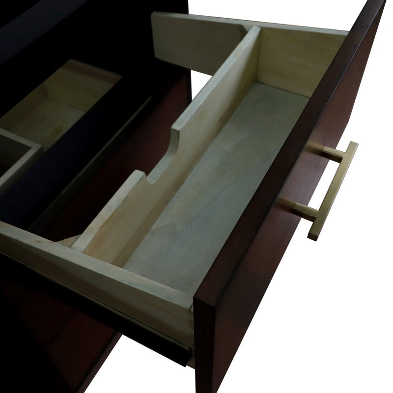 Bellaterra Home 400900-60D-WB Imola 60" vanity cabinet, Walnut and Black, angled view with the drawer open, shot 2