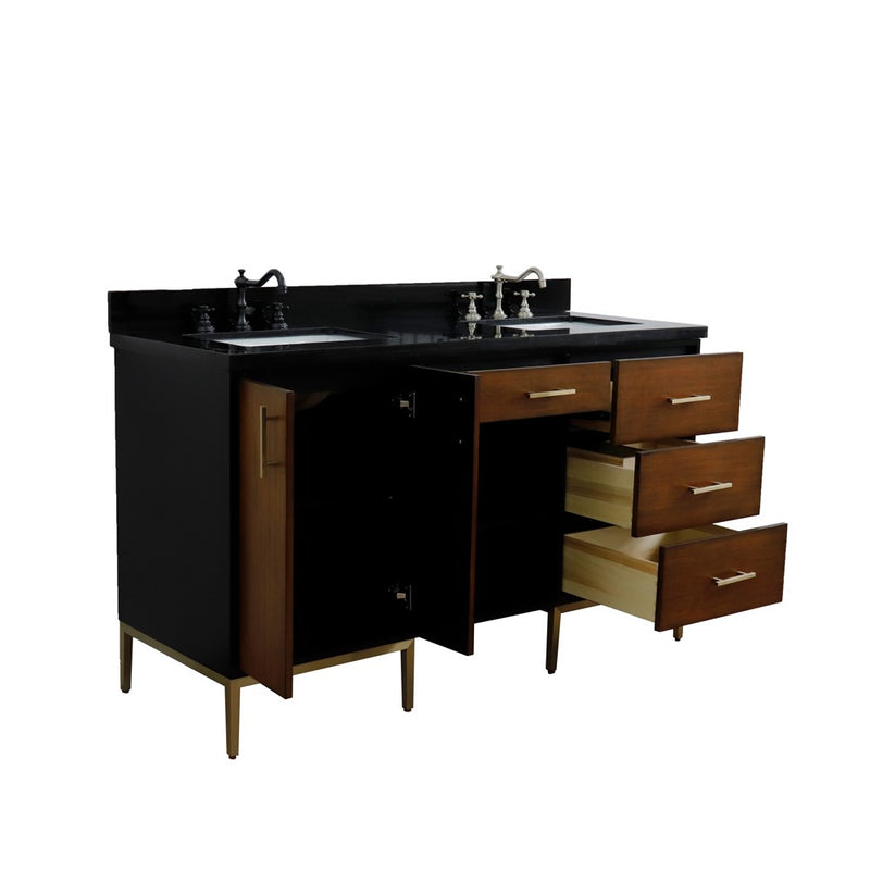 Bellaterra Home 400900-61D-WB-BGR Imola 61" vanity, Walnut and Black, Black Galaxy granite top, angled view with doors open