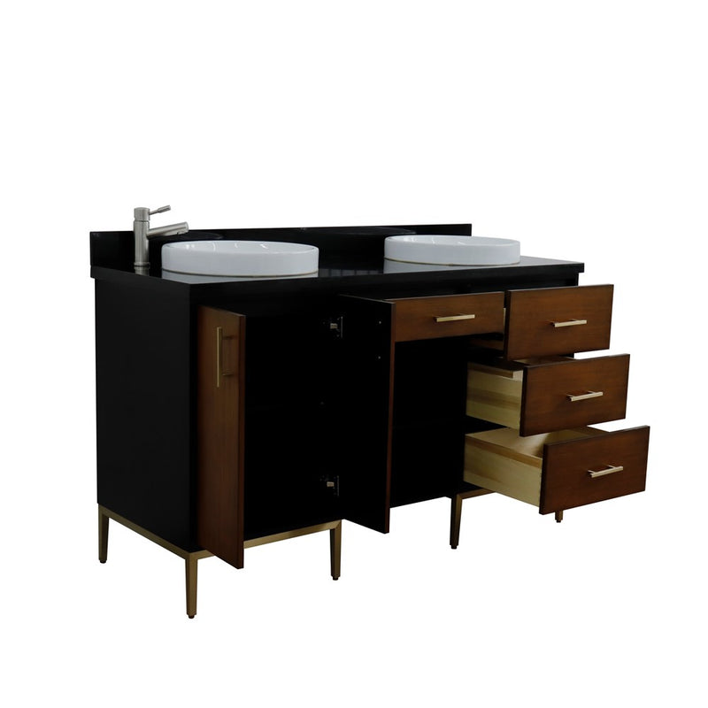 Bellaterra Home 400900-61D-WB-BGRD Imola 61" vanity, Walnut and Black, Black Galaxy granite top, angled view with doors open