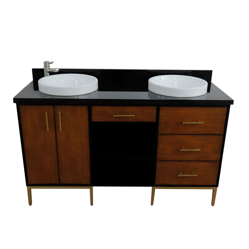 Bellaterra Home 400900-61D-WB-BGRD Imola 61" vanity, Walnut and Black, Black Galaxy granite top, front view on a white