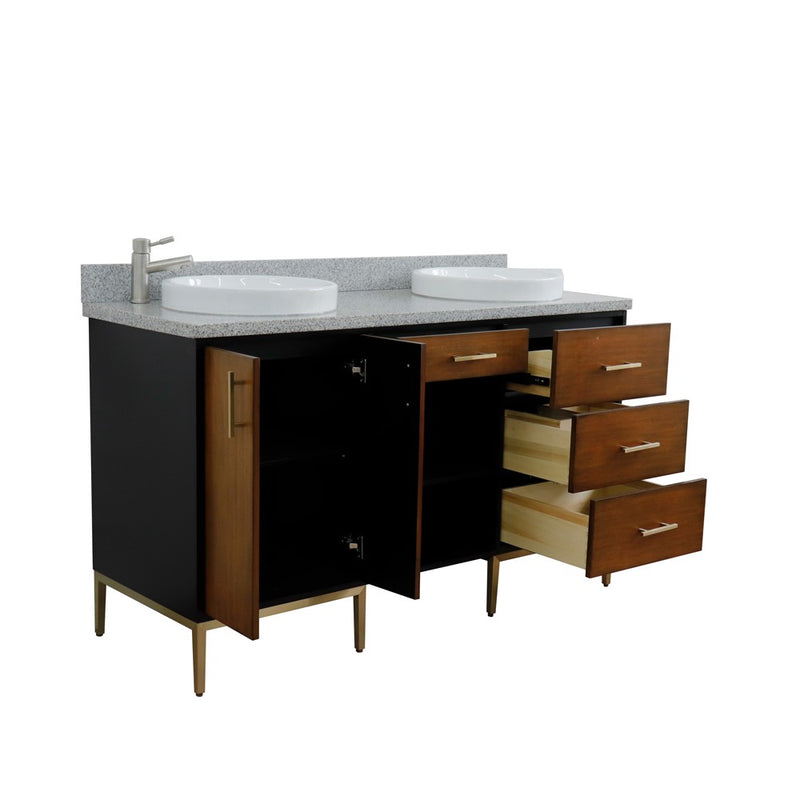 Bellaterra Home 400900-61D-WB-GYRD Imola 61" vanity, Walnut and Black, gray granite top, angled view with doors open showing