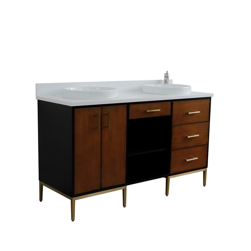 Bellaterra Home 400900-61D-WB-WERD Imola 61" vanity, Walnut and Black, white engineered stone top, angled view with doors