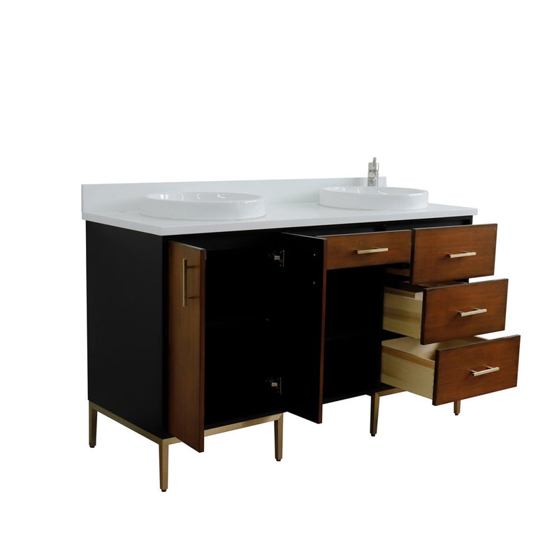 Bellaterra Home 400900-61D-WB-WERD Imola 61" vanity, Walnut and Black, white engineered stone top, angled view with, shot 2