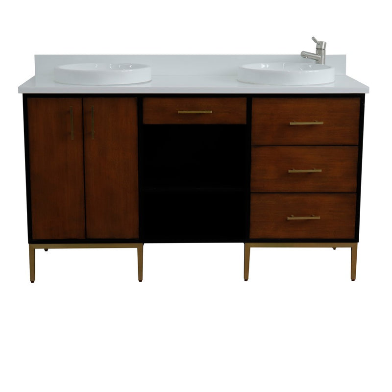 Bellaterra Home 400900-61D-WB-WERD Imola 61" vanity, Walnut and Black, white engineered stone top, front view on a white