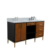 Bellaterra Home 400900-61D-WB-WMR Imola 61" vanity, Walnut and Black, White Carrara marble top, angled view with doors closed