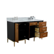Bellaterra Home 400900-61D-WB-WMR Imola 61" vanity, Walnut and Black, White Carrara marble top, angled view with doors open