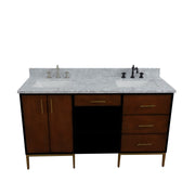 Bellaterra Home 400900-61D-WB-WMR Imola 61" vanity, Walnut and Black, White Carrara marble top, angled view on a white