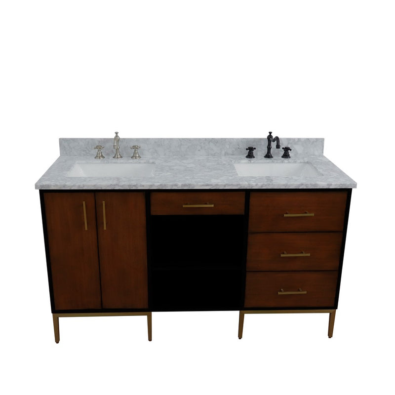 Bellaterra Home 400900-61D-WB-WMR Imola 61" vanity, Walnut and Black, White Carrara marble top, angled view on a white