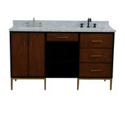Bellaterra Home 400900-61D-WB-WMR Imola 61" vanity, Walnut and Black, White Carrara marble top, front view on a white
