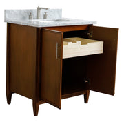 Bellaterra Home 400901-31-WA-WMR MCM 31" vanity, Walnut, White Carrara marble top, angled view with doors open showing the