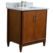 Bellaterra Home 400901-31-WA-WMR MCM 31" vanity, Walnut, White Carrara marble top, angled view on a white background