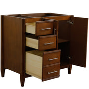 Bellaterra Home 400901-36R-WA MCM 36" vanity cabinet, Walnut, angled view with doors open showing the shelf