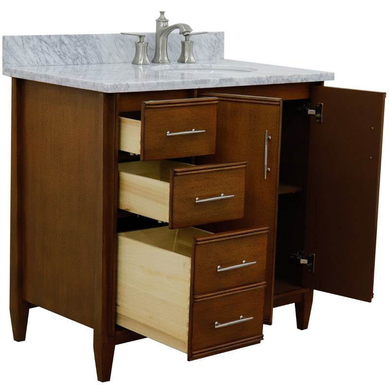 Bellaterra Home 400901-37R-WA-WMOR MCM 37" vanity, Walnut, White Carrara marble top, angled view with doors open showing the