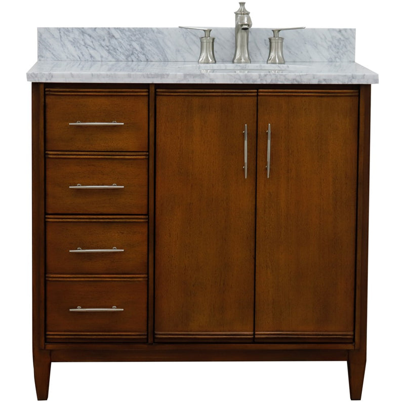 Bellaterra Home 400901-37R-WA-WMOR MCM 37" vanity, Walnut, White Carrara marble top, front view on a white background