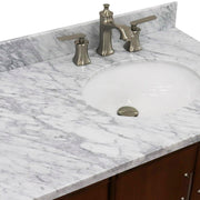 Bellaterra Home 400901-37R-WA-WMOR MCM 37" vanity, Walnut, White Carrara marble top, countertop and sink close-up
