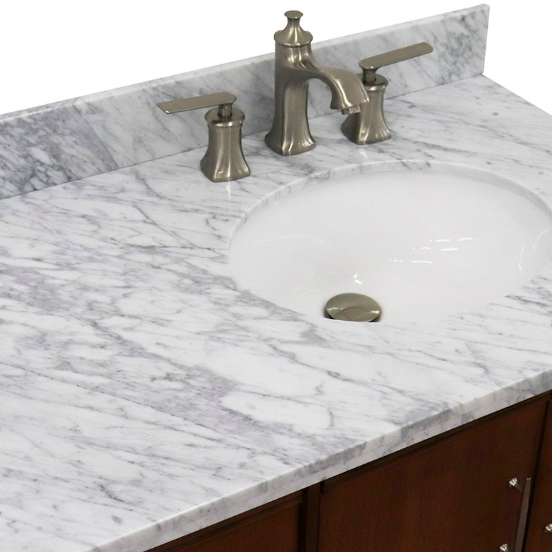 Bellaterra Home 400901-37R-WA-WMOR MCM 37" vanity, Walnut, White Carrara marble top, countertop and sink close-up