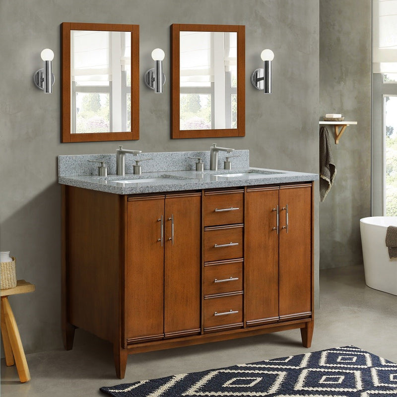 Bellaterra Home 400901-49D-WA-GYR MCM 49" vanity, Walnut, gray granite top, installed in a bathroom