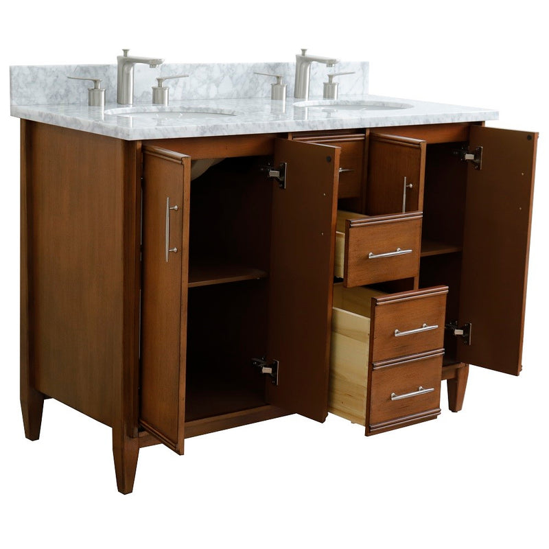 Bellaterra Home 400901-49D-WA-WMO MCM 49" vanity, Walnut, White Carrara marble top, angled view with doors open showing the