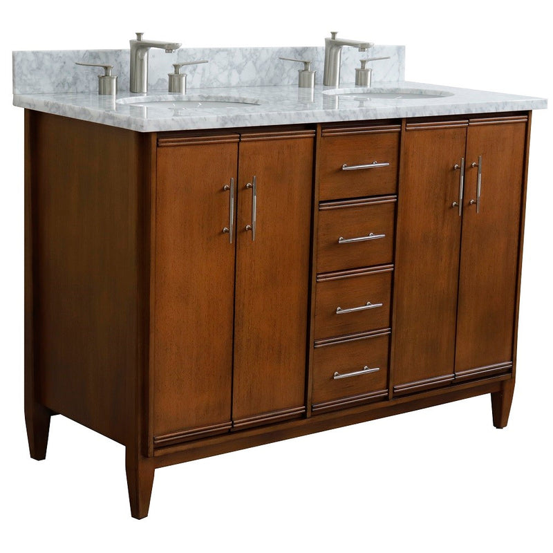 Bellaterra Home 400901-49D-WA-WMO MCM 49" vanity, Walnut, White Carrara marble top, angled view on a white background