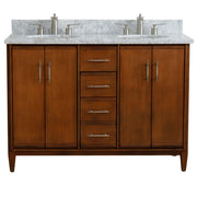 Bellaterra Home 400901-49D-WA-WMO MCM 49" vanity, Walnut, White Carrara marble top, front view on a white background