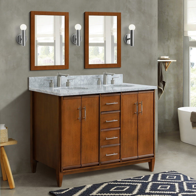 Bellaterra Home 400901-49D-WA-WMO MCM 49" vanity, Walnut, White Carrara marble top, installed in a bathroom