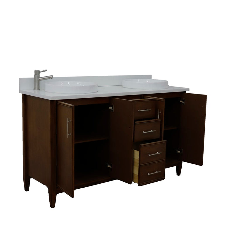 Bellaterra Home 400901-61D-WA-WERD MCM 61" vanity, Walnut, white engineered stone top, angled view with doors open showing