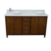 Bellaterra Home 400901-61D-WA-WERD MCM 61" vanity, Walnut, white engineered stone top, front view on a white background