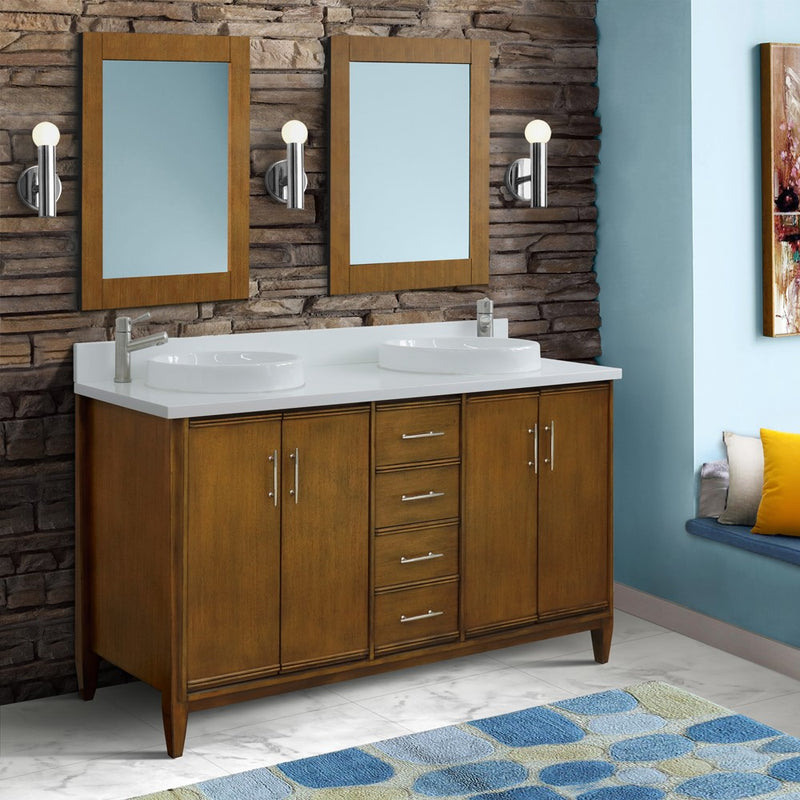 Bellaterra Home 400901-61D-WA-WERD MCM 61" vanity, Walnut, white engineered stone top, installed in a bathroom