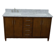 Bellaterra Home 400901-61D-WA-WMR MCM 61" vanity, Walnut, White Carrara marble top, front view on a white background