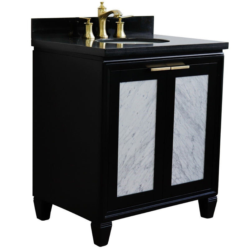 Bellaterra Home 400990-31-BL-BGO Trento 31" vanity, Black, Black Galaxy granite top, angled view with doors closed