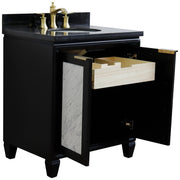 Bellaterra Home 400990-31-BL-BGO Trento 31" vanity, Black, Black Galaxy granite top, angled view with doors open showing the
