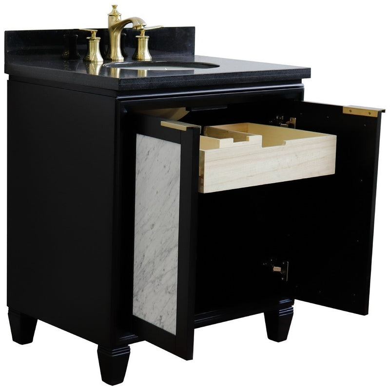 Bellaterra Home 400990-31-BL-BGO Trento 31" vanity, Black, Black Galaxy granite top, angled view with doors open showing the
