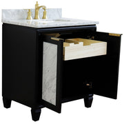 Bellaterra Home 400990-31-BL-WMR Trento 31" vanity, Black, White Carrara marble top, angled view with doors open showing the