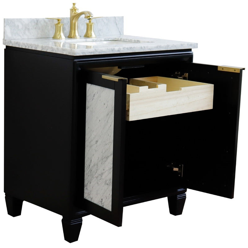 Bellaterra Home 400990-31-BL-WMR Trento 31" vanity, Black, White Carrara marble top, angled view with doors open showing the