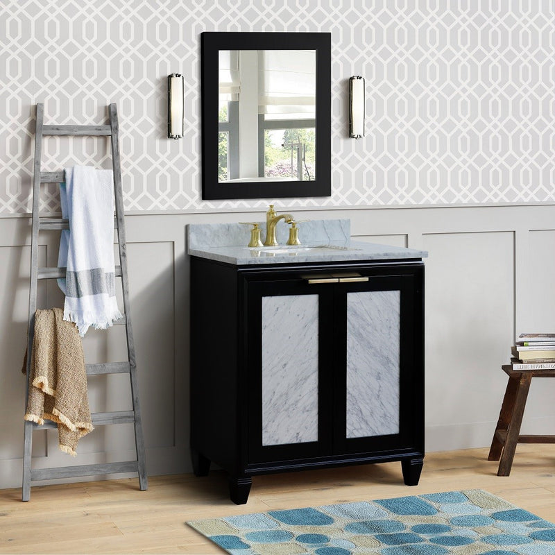 Bellaterra Home 400990-31-BL-WMR Trento 31" vanity, Black, White Carrara marble top, installed in a bathroom