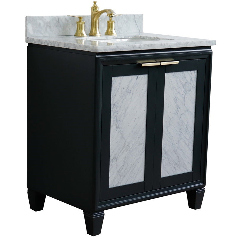 Bellaterra Home 400990-31-DG-WMR Trento 31" vanity, Dark Gray, White Carrara marble top, angled view with doors closed