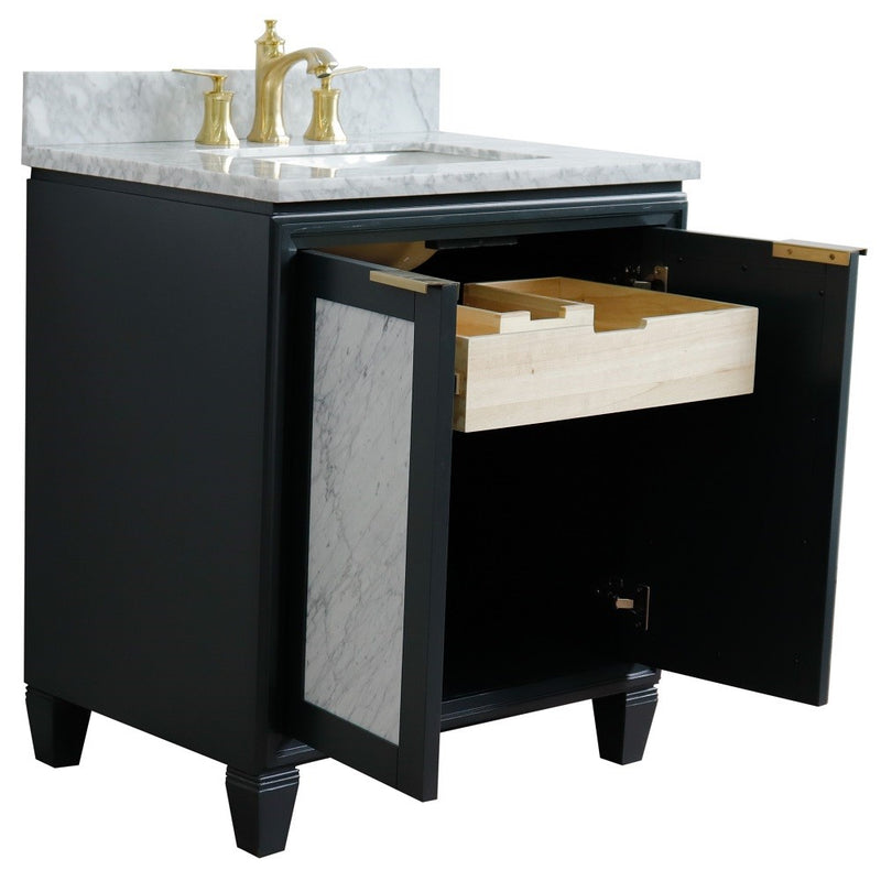 Bellaterra Home 400990-31-DG-WMR Trento 31" vanity, Dark Gray, White Carrara marble top, angled view with doors open showing