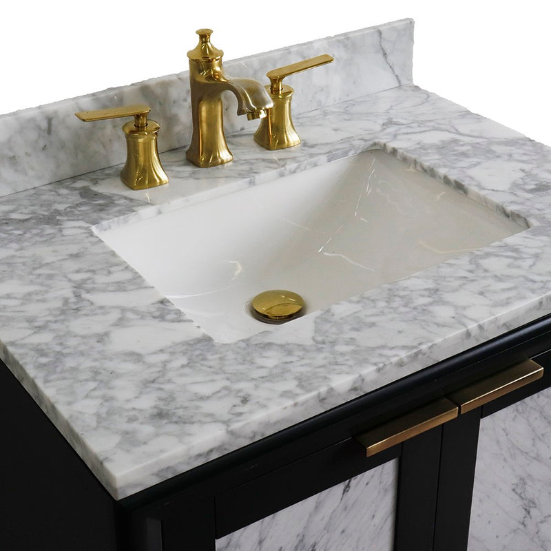 Bellaterra Home 400990-31-DG-WMR Trento 31" vanity, Dark Gray, White Carrara marble top, countertop and sink close-up