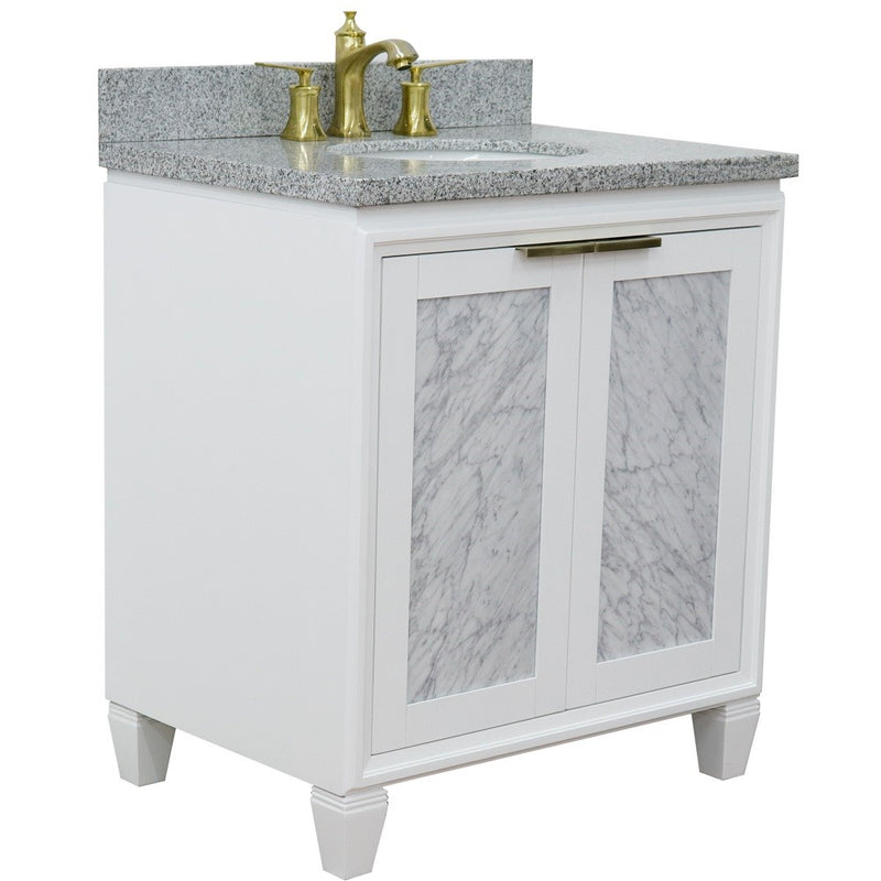 Bellaterra Home 400990-31-WH-GYO Trento 31" vanity, White, gray granite top, angled view with doors closed
