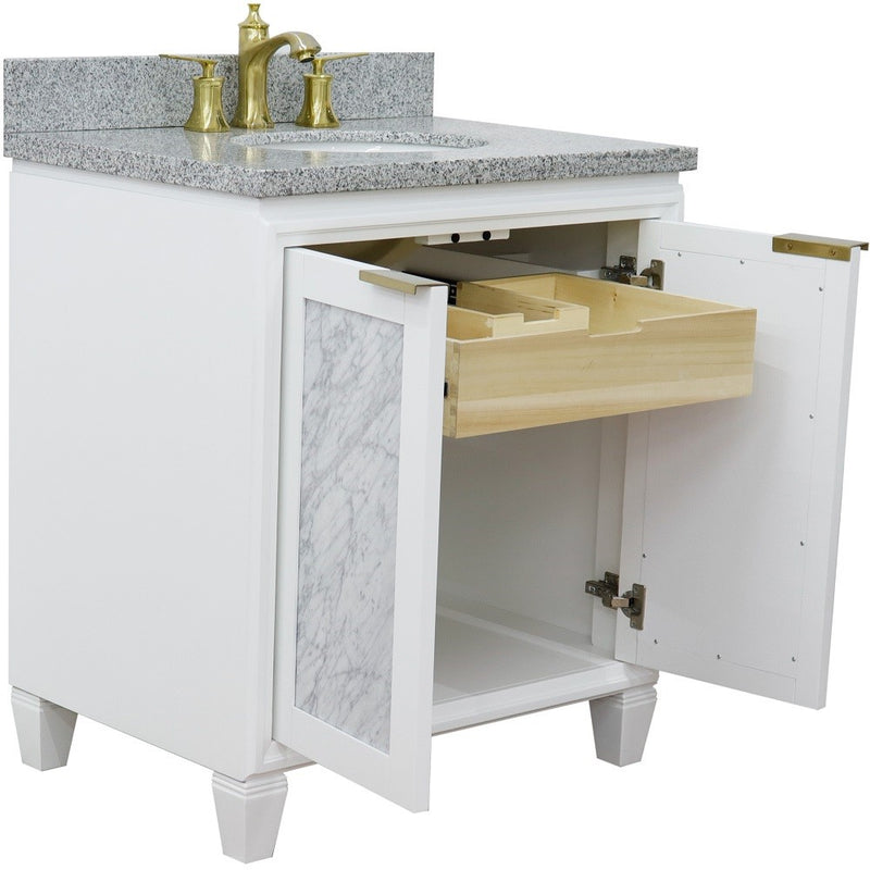 Bellaterra Home 400990-31-WH-GYO Trento 31" vanity, White, gray granite top, angled view with doors open showing the shelf