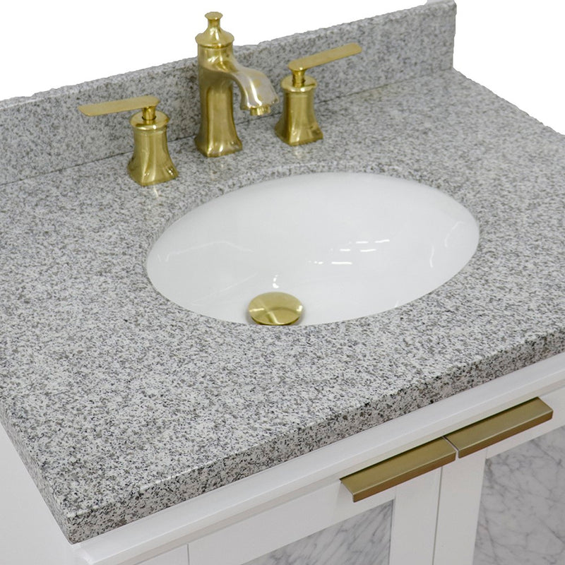 Bellaterra Home 400990-31-WH-GYO Trento 31" vanity, White, gray granite top, countertop and sink close-up
